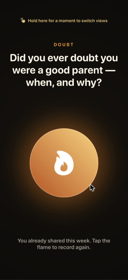 Kinfire recording screen with a large glowing flame record button and this week's question